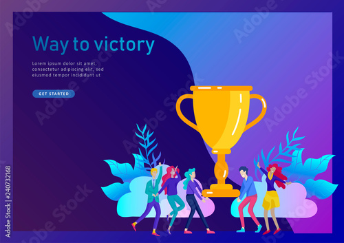 Business Team Success hold Golden winner cup, concept of people are happy with victory. Office Workers Celebrating with Big Trophy, ways goals, first place in business, financial growth. Landing page