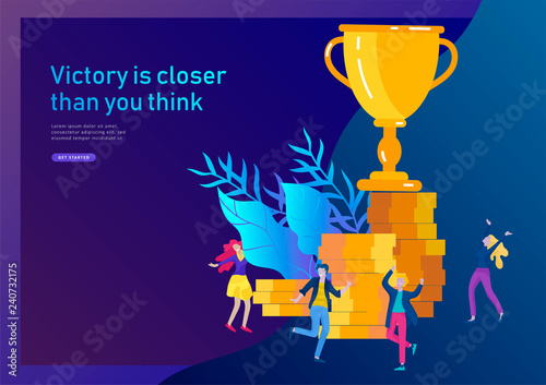 Business Team Success hold Golden winner cup, concept of people are happy with victory. Office Workers Celebrating with Big Trophy, ways goals, first place in business, financial growth. Landing page