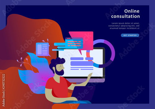 Concept Landing page template customer service, male hotline operator advises client, online global technical support, customer and operator
