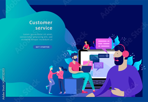 Concept Landing page template customer service, male hotline operator advises client, online global technical support, customer and operator