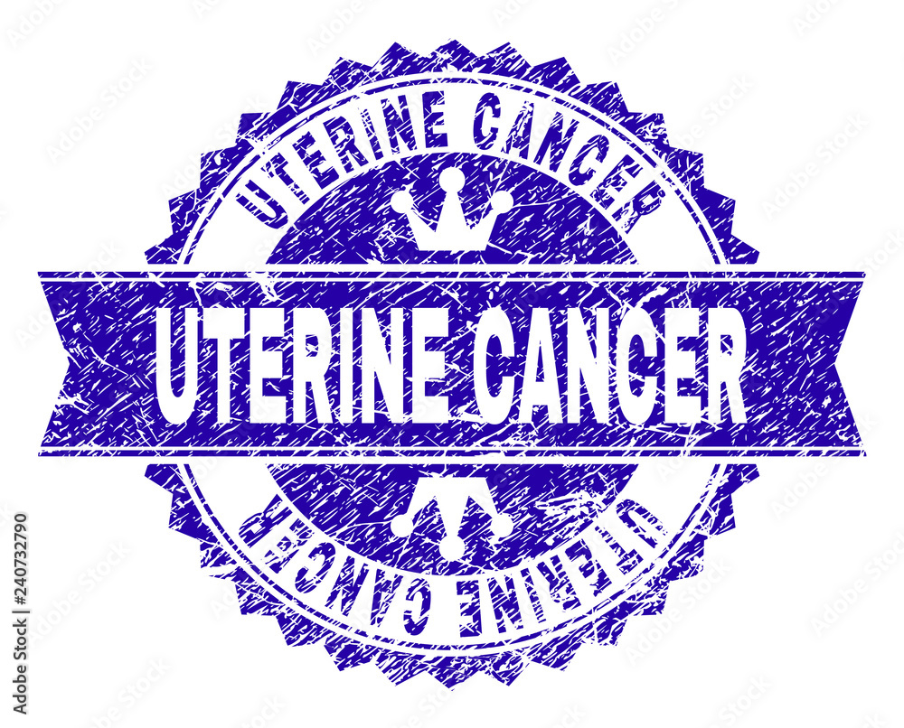 UTERINE CANCER rosette stamp imitation with grunge style. Designed with round rosette, ribbon and small crowns. Blue vector rubber watermark of UTERINE CANCER label with unclean style. UTERINE CANCER rosette stamp imitation with grunge style. Designed with round rosette, ribbon and small crowns. Blue vector rubber watermark of UTERINE CANCER label with unclean style.
