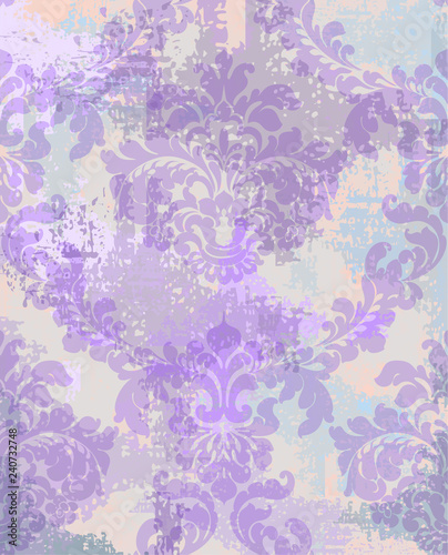 Damask texture background Vector. Floral ornament pattern decoration with old stains effect. Victorian engraved retro design. Watercolor stains. Purple colors