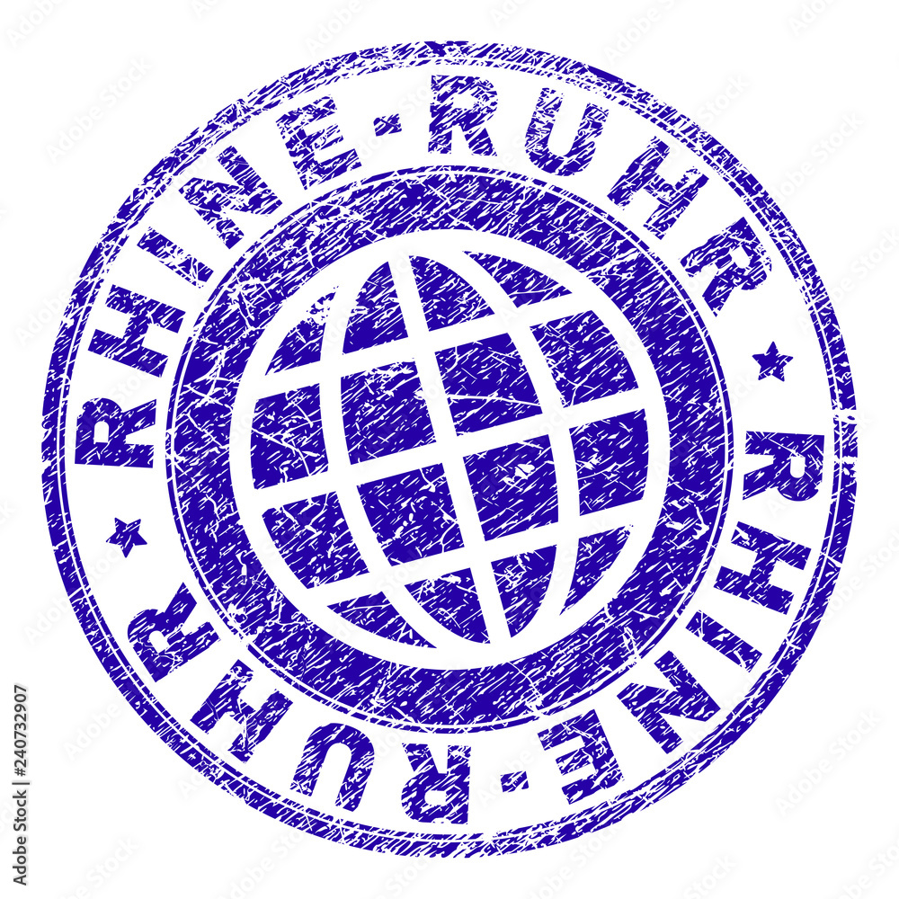 RHINE-RUHR stamp print with distress texture. Blue vector rubber seal print of RHINE-RUHR text with corroded texture. Seal has words placed by circle and globe symbol.