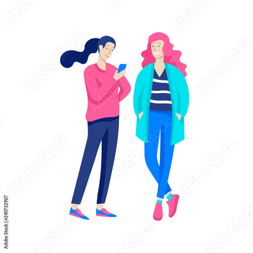 Vector people character walking on the street in autumn or winter clothes, friends and couples. Colorful Group of male and female flat cartoon characters