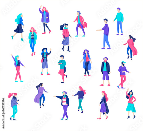 Vector people character walking on the street in autumn or winter clothes, friends and couples. Colorful Group of male and female flat cartoon characters