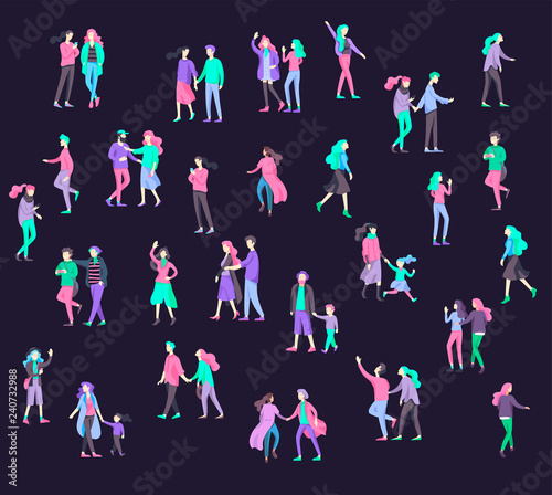 Vector people character walking on the street in autumn or winter clothes, friends and couples. Colorful Group of male and female flat cartoon characters