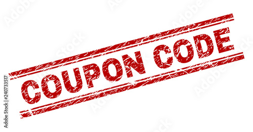 COUPON CODE seal print with corroded effect. Red vector rubber print of COUPON CODE caption with unclean texture. Text caption is placed between double parallel lines.
