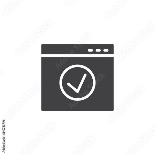 Web check vector icon. filled flat sign for mobile concept and web design. Browser window with check mark simple solid icon. Symbol, logo illustration. Pixel perfect vector graphics