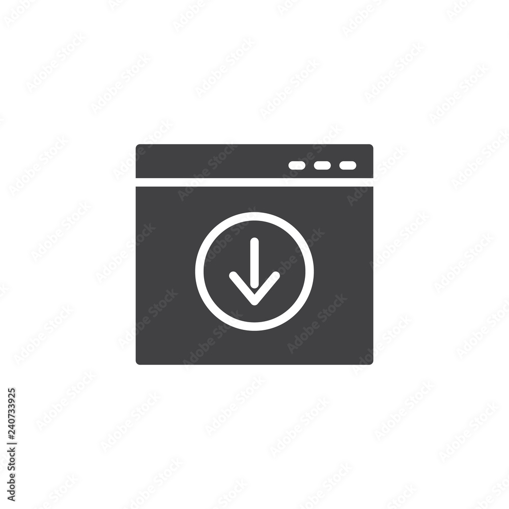 Website page download vector icon. filled flat sign for mobile concept and web design. Browser window download arrow simple solid icon. Symbol, logo illustration. Pixel perfect vector graphics Website page download vector icon. filled flat sign for mobile concept and web design. Browser window download arrow simple solid icon. Symbol, logo illustration. Pixel perfect vector graphics