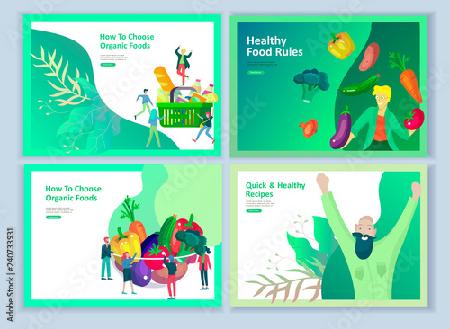 Landing page templates with people who prepare healthy organic food, simple recipes, how to choose products in the supermarket, food delivery and fast food. Culinary blog or diet concept