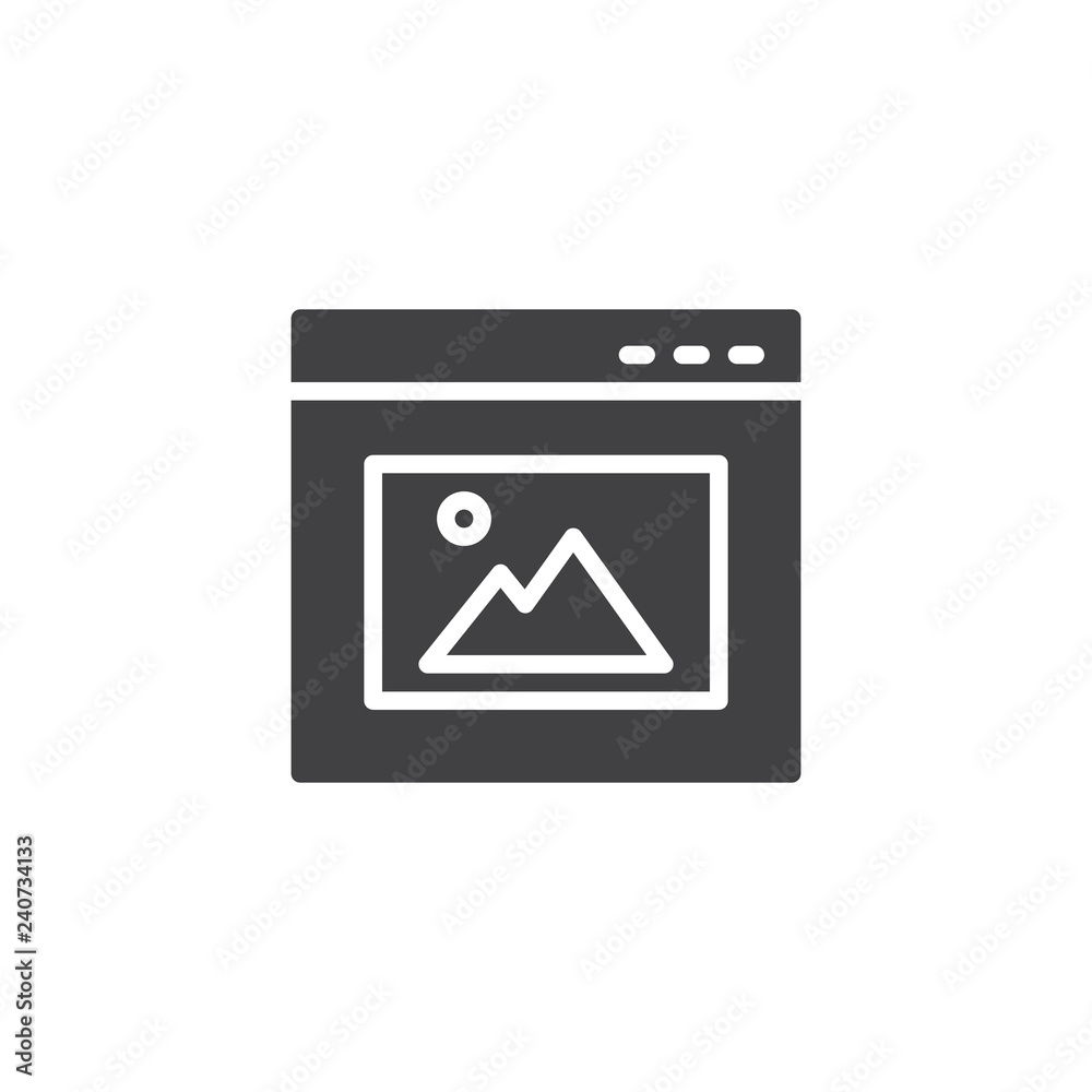 Website image gallery vector icon. filled flat sign for mobile concept and web design. Browser window with picture simple solid icon. Symbol, logo illustration. Pixel perfect vector graphics Website image gallery vector icon. filled flat sign for mobile concept and web design. Browser window with picture simple solid icon. Symbol, logo illustration. Pixel perfect vector graphics