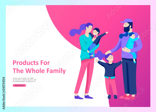 Landing page templates happy family, travel and psychotherapy, family health care, goods entertainment for mother father and their children. Parents with daughter and son have fun togethers