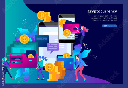 Cryptocurrency and blockchain composition with people, analysts and managers working on crypto start up