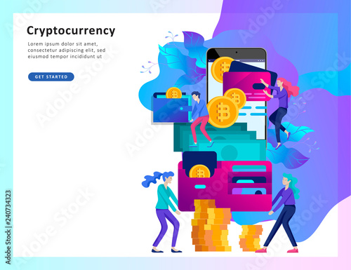 Cryptocurrency and blockchain composition with people, analysts and managers working on crypto start up. Bitcoin and cryptocurrency.