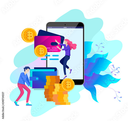 Cryptocurrency and blockchain composition with people, analysts and managers working on crypto start up