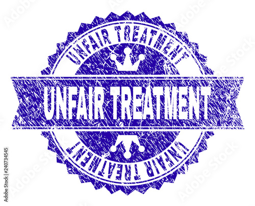 UNFAIR TREATMENT rosette stamp watermark with distress style. Designed with round rosette, ribbon and small crowns. Blue vector rubber watermark of UNFAIR TREATMENT title with retro texture.