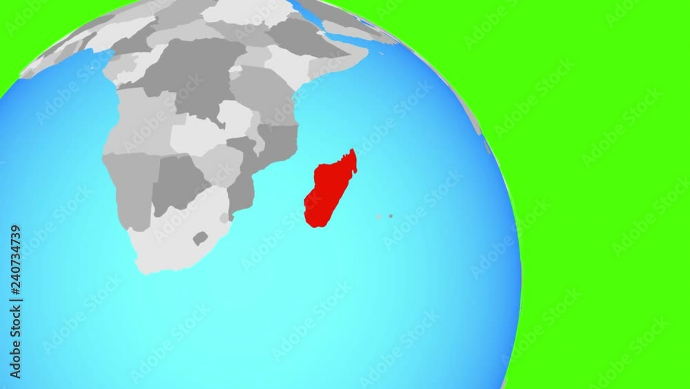 Closing in on Madagascar on simple blue political globe. 3D illustration.