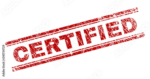 CERTIFIED seal print with grunge texture. Red vector rubber print of CERTIFIED text with retro texture. Text caption is placed between double parallel lines.