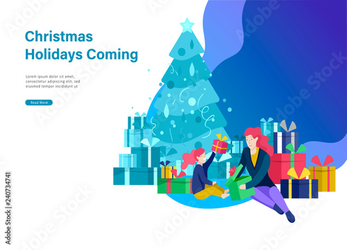 Landing page template greeting card winter Holidays. Merry Christmas and Happy New Year Website. People Characters family give present, unpack gift on background of christmas tree