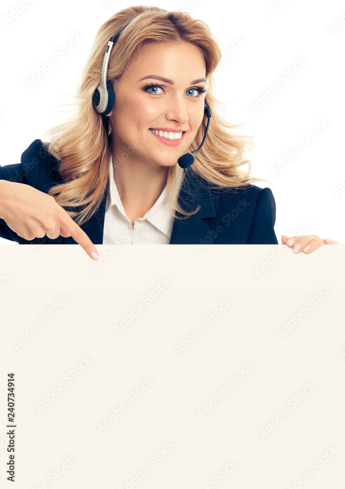 phone operator in headset showing signboard phone operator in headset showing signboard