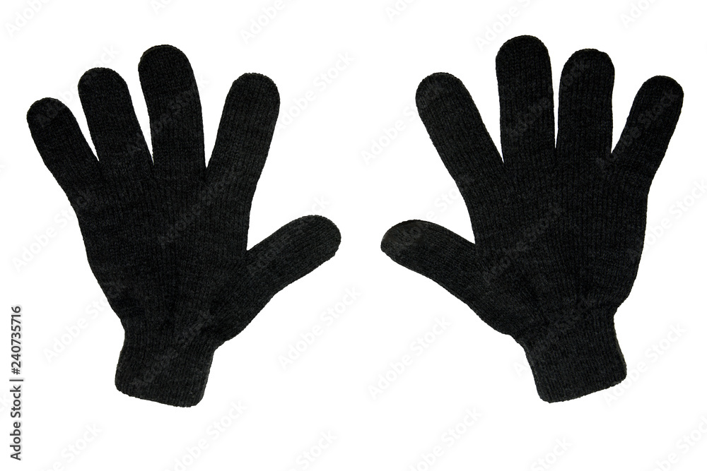 A pair of grey winter knitted gloves. Vertically. On white background. The view from the top. Isolated. A pair of grey winter knitted gloves. Vertically. On white background. The view from the top. Isolated.