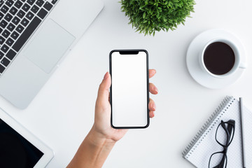 Hand holding smartphone with big blank screen