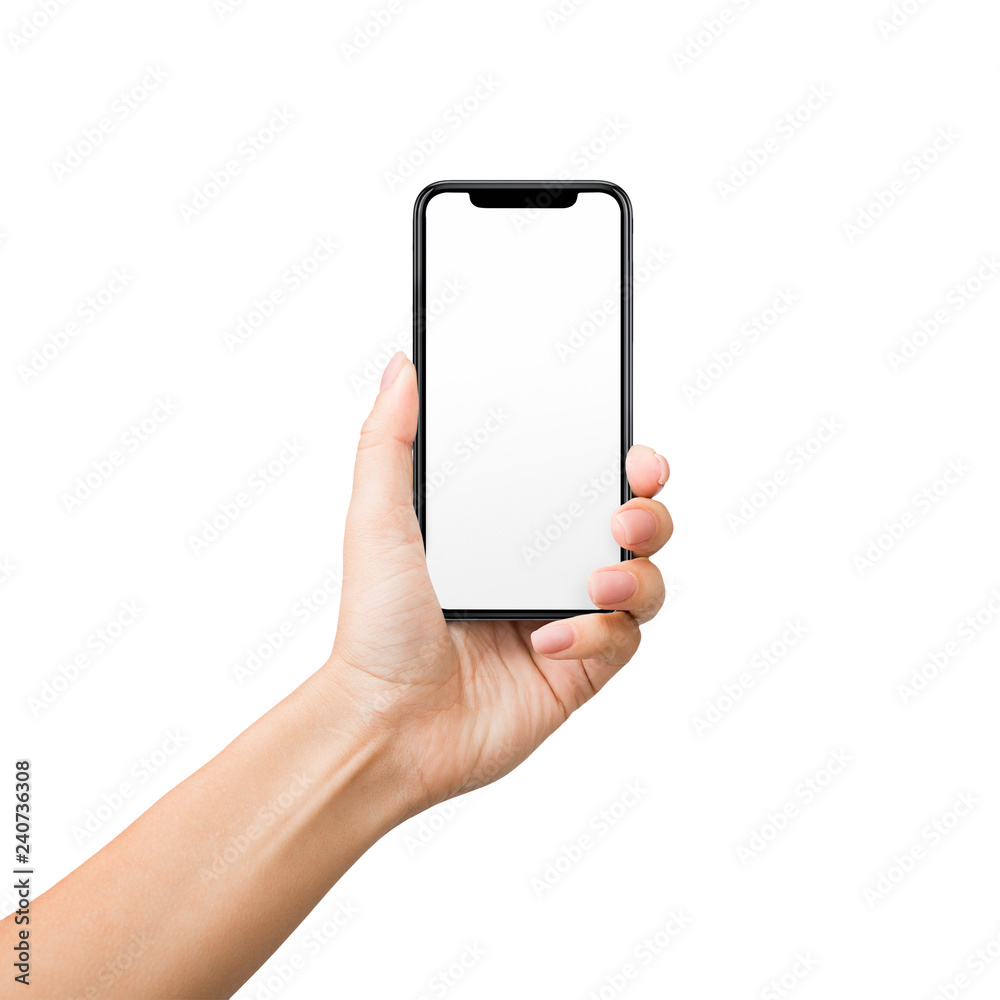 Woman holding mobile phone with blank screen on white background Woman holding mobile phone with blank screen on white background