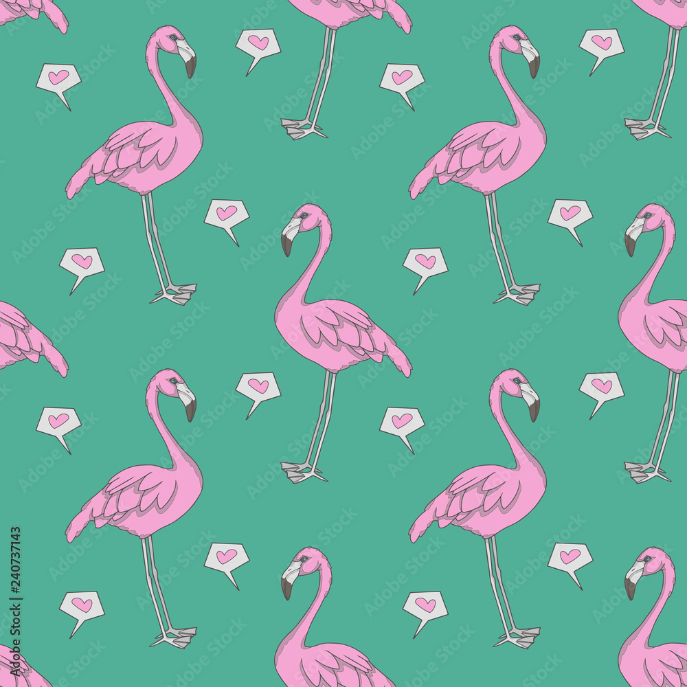Fototapeta premium Computer graphic seamless pattern illustration with pink exotic flamingo birds and hearts on teal background