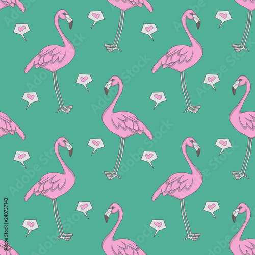 Computer graphic seamless pattern illustration with pink exotic flamingo birds and hearts on teal background