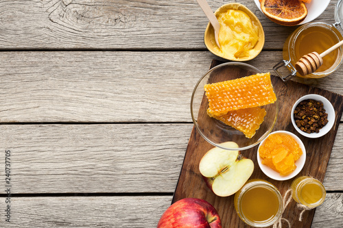 Honey assortment with fruits, natural medicine concept