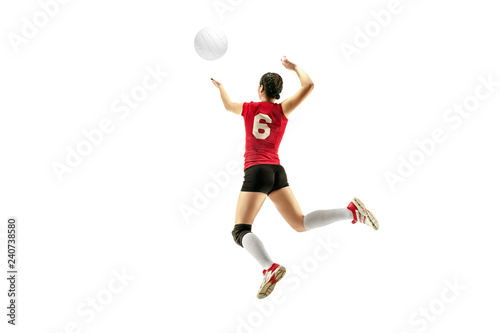 Fototapeta Naklejka Na Ścianę i Meble -  Female professional volleyball player isolated on white with ball. The athlete, exercise, action, sport, healthy lifestyle, training, fitness concept