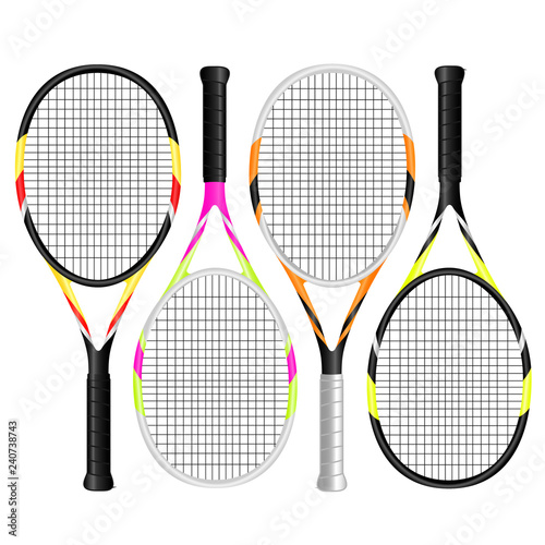 Tennis rackets in colors in 3d. Vector illustration.