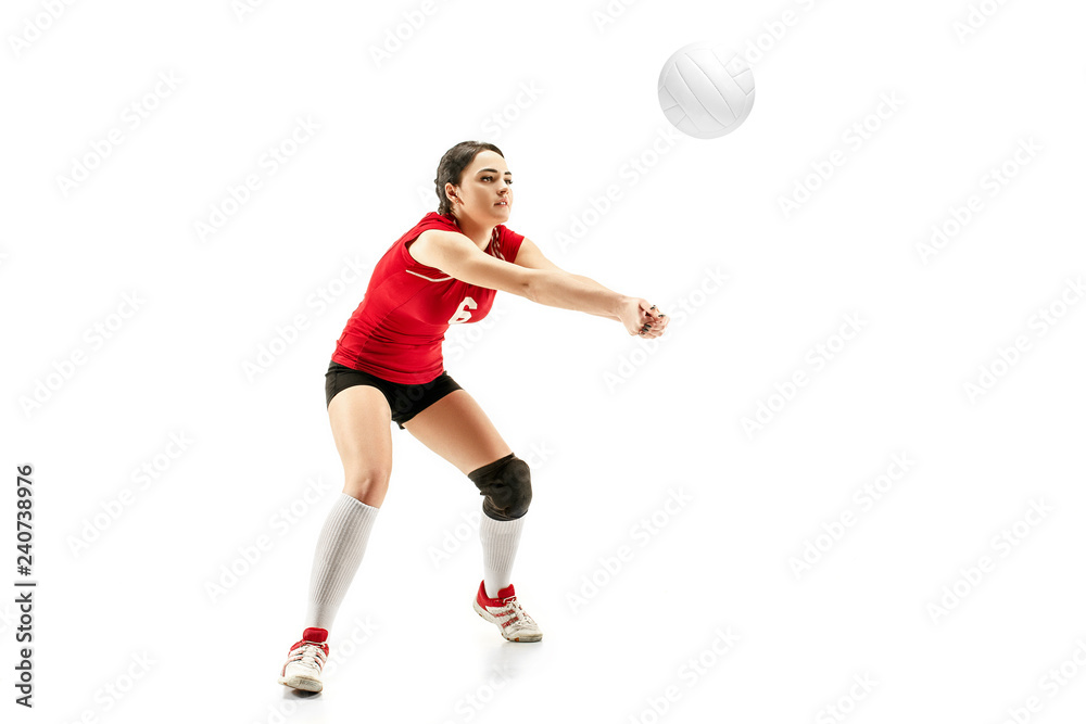 Female professional volleyball player isolated on white with ball. The athlete, exercise, action, sport, healthy lifestyle, training, fitness concept Female professional volleyball player isolated on white with ball. The athlete, exercise, action, sport, healthy lifestyle, training, fitness concept