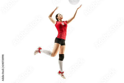 Female professional volleyball player isolated on white with ball. The athlete, exercise, action, sport, healthy lifestyle, training, fitness concept © master1305