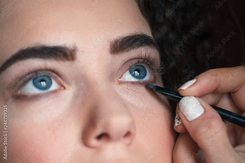 Obraz premium Closeup portrait of beautiful woman getting professional make-up with brush. Beauty and makeup concept