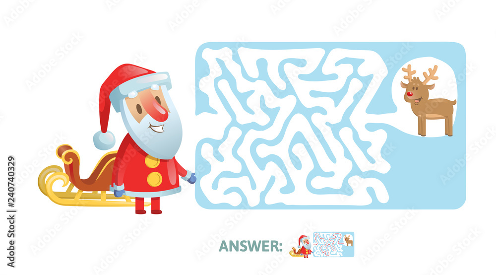 Fototapeta premium Winter Maze Labyrinth Game with answer. Help Santa find the way out of the Labyrinth. Colorful flat vector illustration. Isolated on white background.
