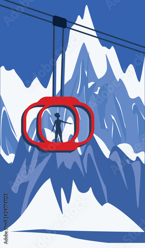 Ski cable car - mountain landscape - blue background - flat style - vector illustration