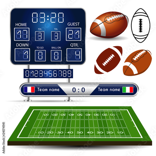 American Football field with scoreboard, balls