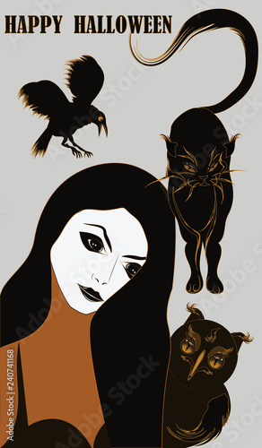 Happy Halloween - woman with a pale face, cunning owl, impudent cat, evil crow - light background - vector