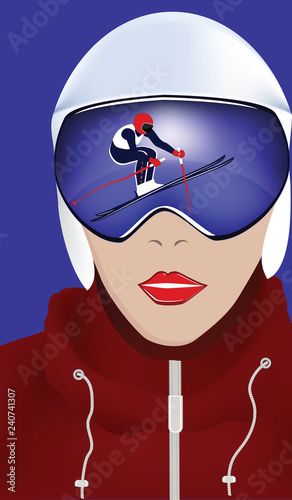 Skier - head of a woman in a helmet and mirror glasses with reflection - art vector.