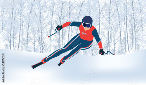 Skier - abstract winter snow-covered forest with snowdrifts - vector.