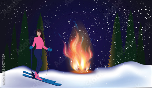 Winter night in a spruce forest. Snowdrifts, bright fire. Skier, young girl with a cheerful smile - art vector.