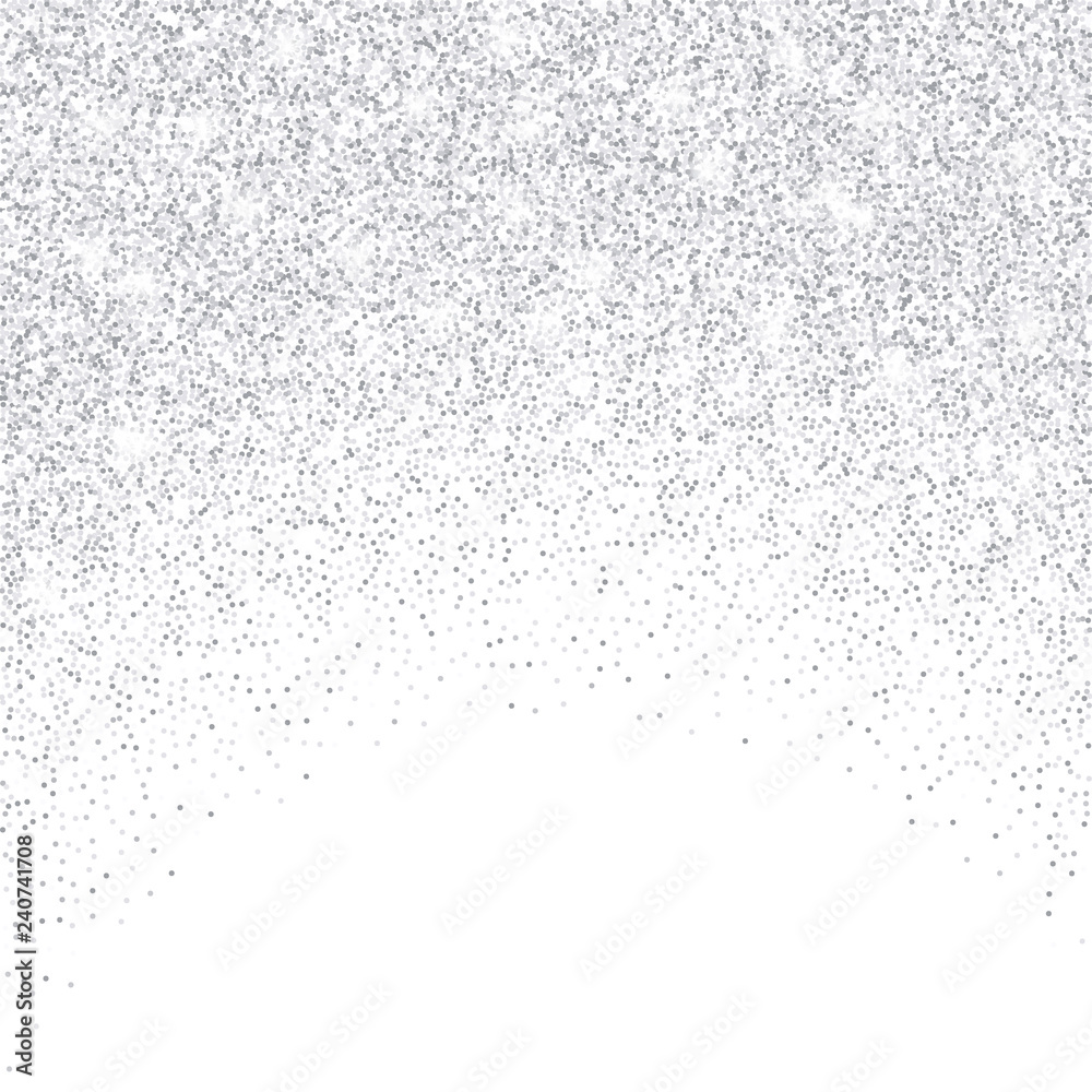 Stockvektorbilden Vector falling silver glitter confetti dots rain.  Sparkling glittering border isolated on white background. Party tinsels  shimmer, holiday background design, festive frame | Adobe Stock