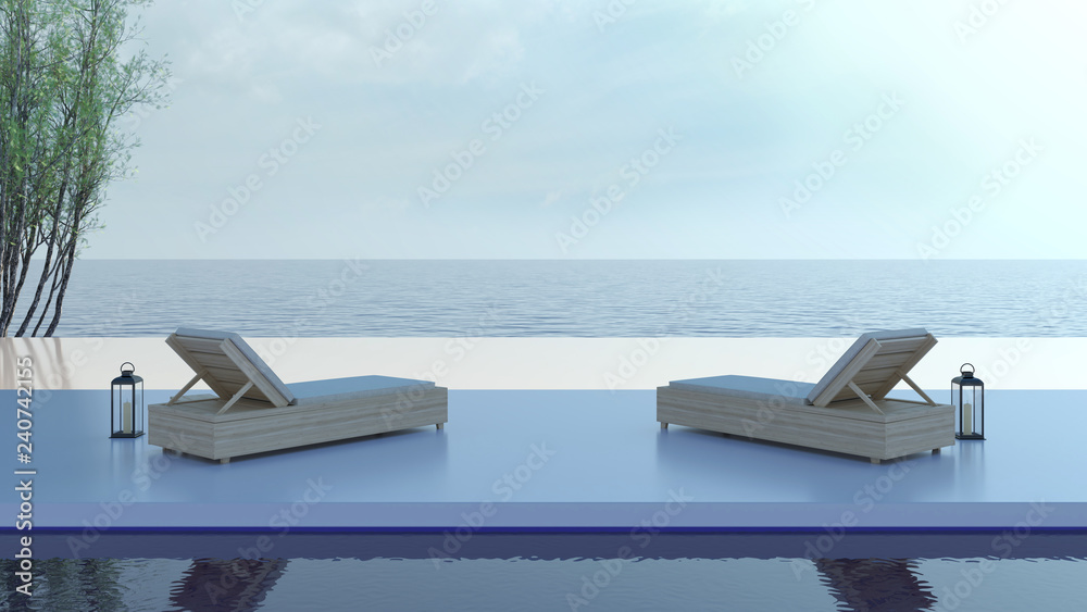 Fototapeta premium swimming pool,summer relaxing sea view at luxury house,beach and panoramic sea view 3d rendering sun loungers on Sunbathing interior Illustration luxury hotel