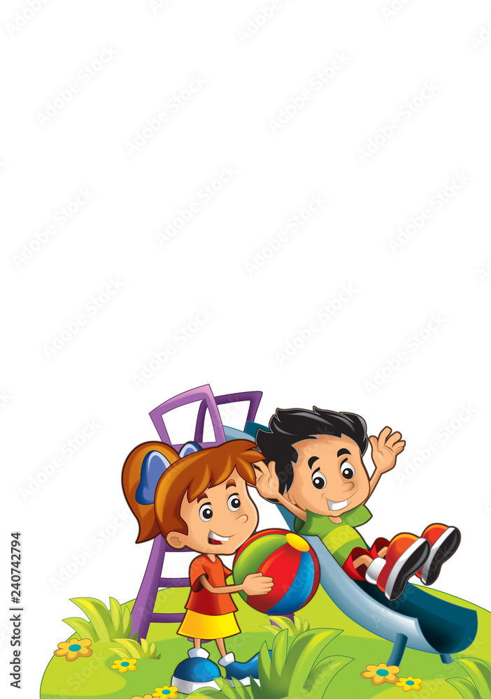 Cartoon playground scene with kids on toy slide on white background -  template with space for text - illustration for children Stock Illustration  | Adobe Stock