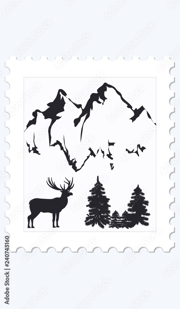 Postage Stamp - Deer, mountains, pines, - flat style, minimalism - isolated on white background - vector