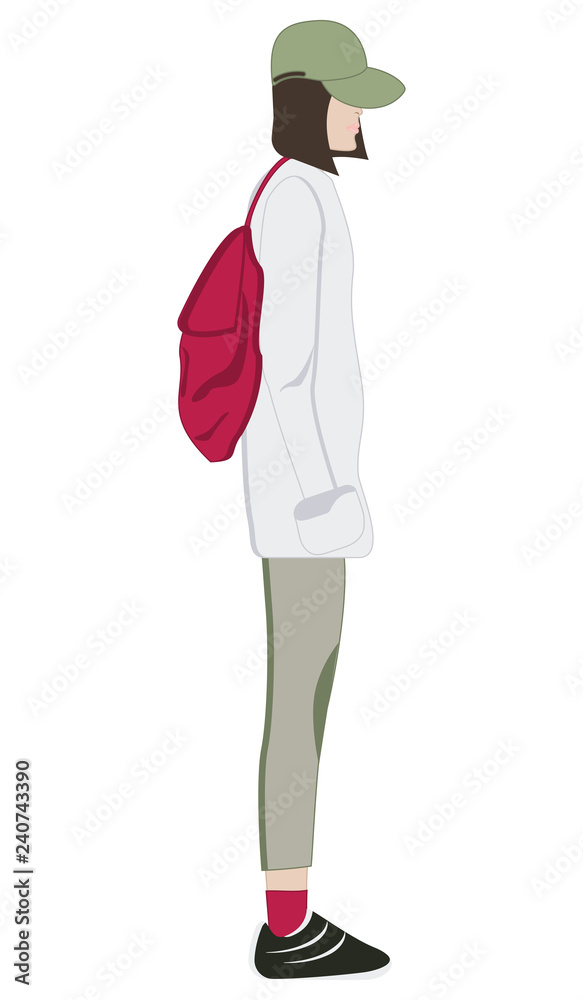 Modern stylish girl, in profile with a backpack, in a cap, jacket, pants, sneakers - isolated on white background - flat style - vector Modern stylish girl, in profile with a backpack, in a cap, jacket, pants, sneakers - isolated on white background - flat style - vector