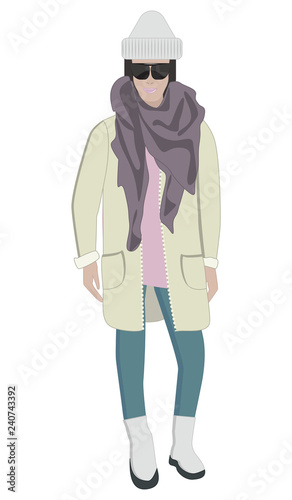 Woman in seasonal clothes, glasses, hat, jacket, pants, boots - isolated on white background - flat style - vector