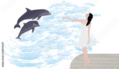 A girl stands on the bridge and two funny dolphins, abstract wave-style in grunge style - isolated on white background - vector