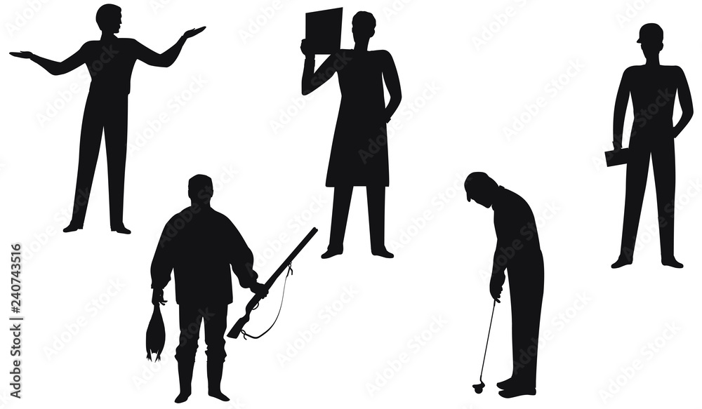Silhouettes of men for work and leisure - businessman, doctor, builder, golfer, hunter - isolated on white background - vector Silhouettes of men for work and leisure - businessman, doctor, builder, golfer, hunter - isolated on white background - vector